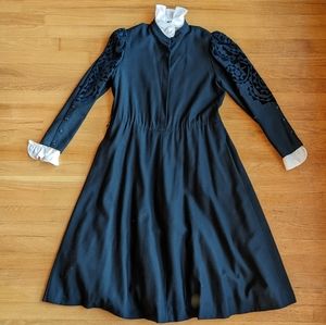 Louis Féraud Vintage Blue Dress with White Ruffle Neck & Cuffs